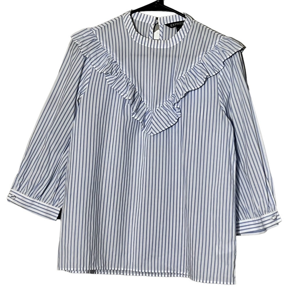 Express Women’s Light Blue Stripes V-Frill Blouse